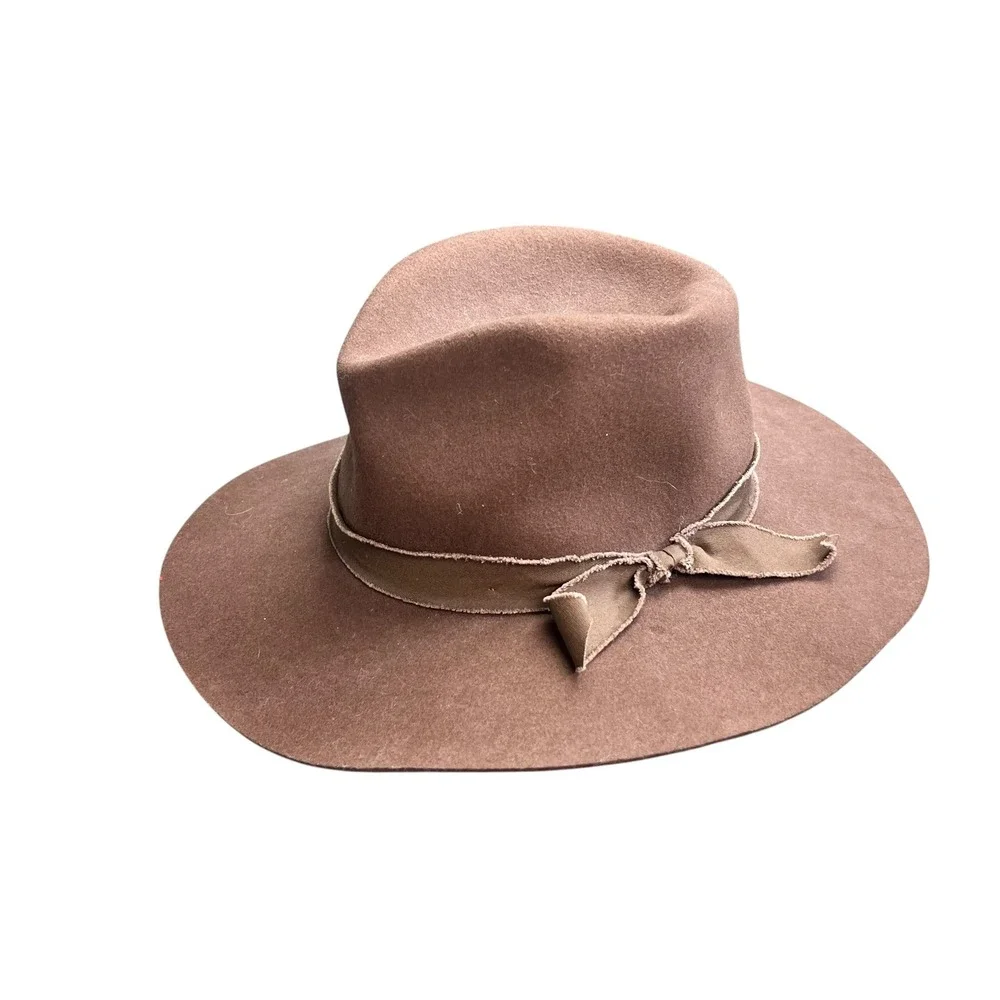 Olive & Pique Brown Wool Wide Brim Fedora Hat Adjustable Boho Ribbon Trim NWT